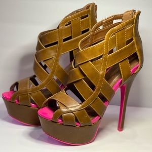 Shoe Dazzle Neon Pink & Brown Gladiator Platform Heels, Size 8.5
